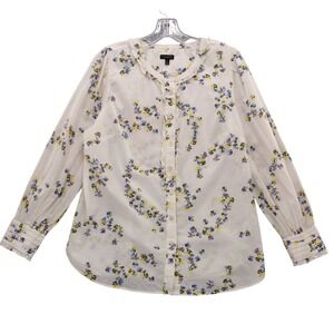 Talbots Floral Ruffle Button Down Blouse Long Sleeve Cream‎ Blue Yellow M